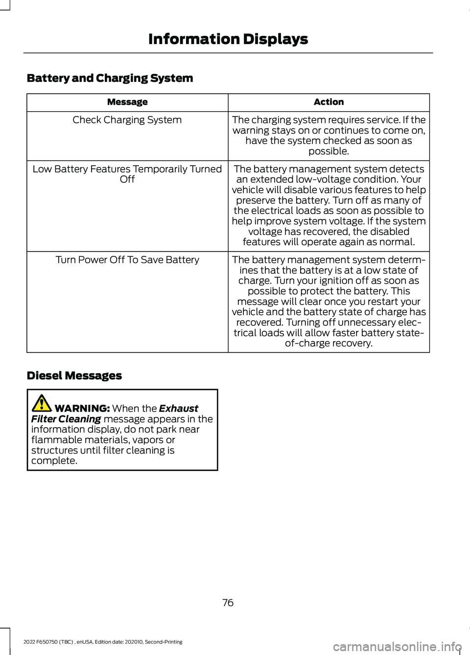 FORD F-650/750 2022  Owners Manual Battery and Charging System
Action
Message
The charging system requires service. If thewarning stays on or continues to come on, have the system checked as soon as possible.
Check Charging System
The 