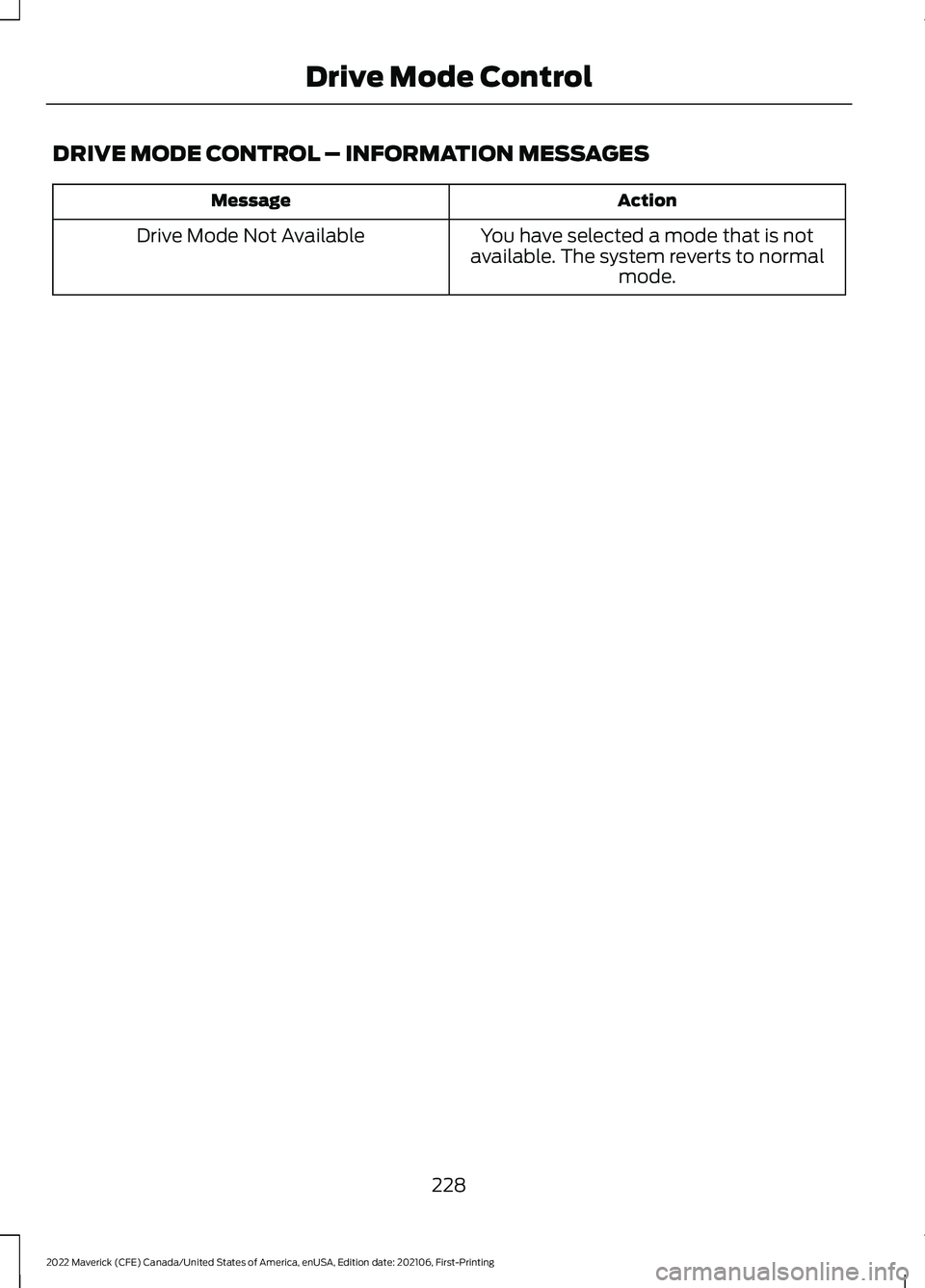 FORD MAVERICK 2022  Owners Manual DRIVE MODE CONTROL – INFORMATION MESSAGES
Action
Message
You have selected a mode that is not
available. The system reverts to normal mode.
Drive Mode Not Available
228
2022 Maverick (CFE) Canada/Un