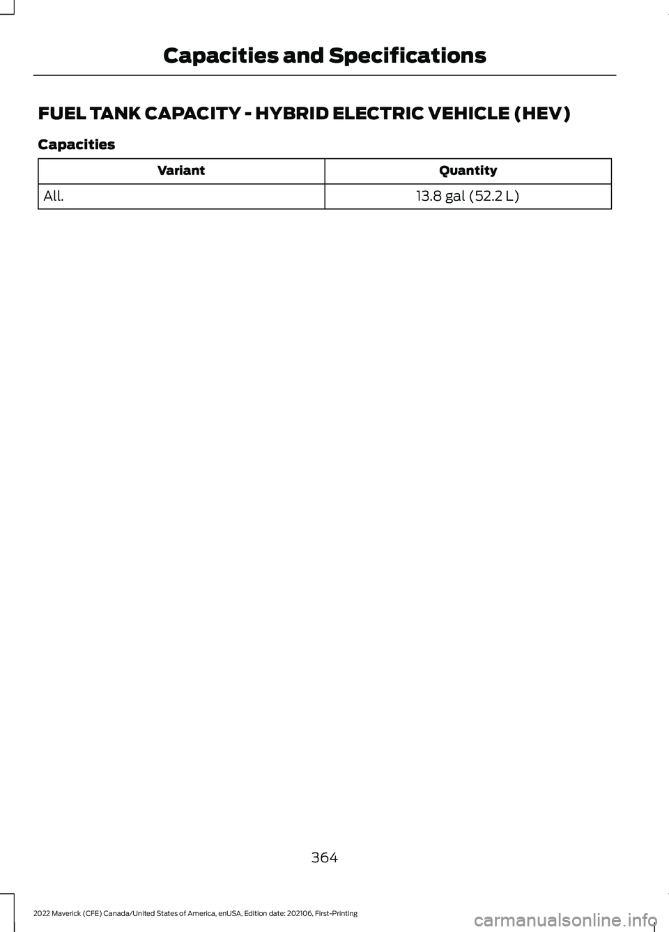 FORD MAVERICK 2022  Owners Manual FUEL TANK CAPACITY - HYBRID ELECTRIC VEHICLE (HEV)
Capacities
Quantity
Variant
13.8 gal (52.2 L)
All.
364
2022 Maverick (CFE) Canada/United States of America, enUSA, Edition date: 202106, First-Printi