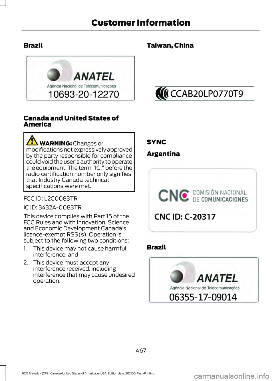 FORD MAVERICK 2022  Owners Manual Brazil
Canada and United States of
America
WARNING: Changes or
modifications not expressively approved
by the party responsible for compliance
could void the user's authority to operate
the equipm