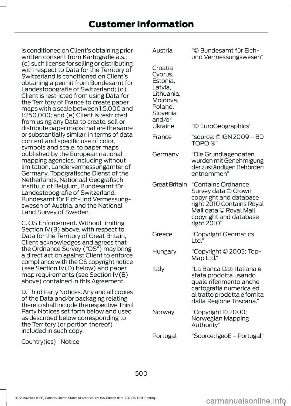 FORD MAVERICK 2022 Owners Manual is conditioned on Client’
s obtaining prior
written consent from Kartografie a.s.;
(c) such license for selling or distributing
with respect to Data for the Territory of
Switzerland is conditioned o FORD MAVERICK 2022 Owners Manual is conditioned on Client’
s obtaining prior
written consent from Kartografie a.s.;
(c) such license for selling or distributing
with respect to Data for the Territory of
Switzerland is conditioned o