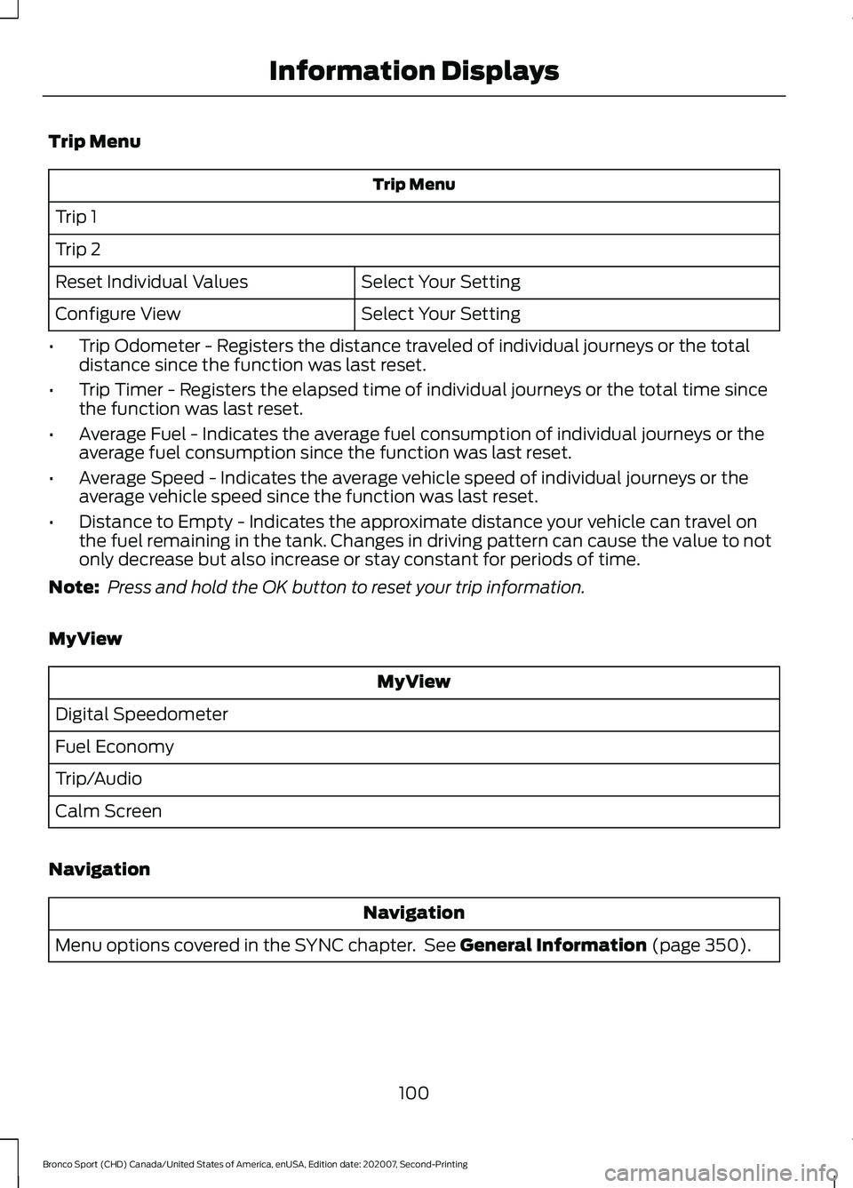 FORD BRONCO SPORT 2021  Owners Manual Trip Menu
Trip Menu
Trip 1
Trip 2 Select Your Setting
Reset Individual Values
Select Your Setting
Configure View
• Trip Odometer - Registers the distance traveled of individual journeys or the total
