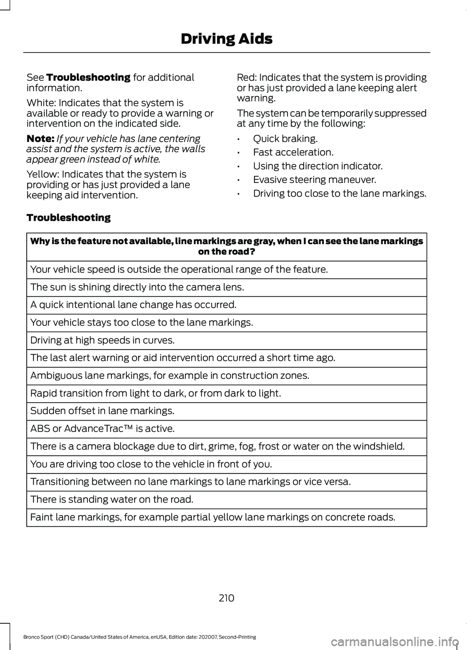 FORD BRONCO SPORT 2021  Owners Manual See Troubleshooting for additional
information.
White: Indicates that the system is
available or ready to provide a warning or
intervention on the indicated side.
Note: If your vehicle has lane center