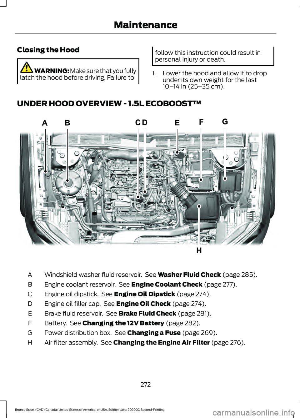 FORD BRONCO SPORT 2021  Owners Manual Closing the Hood
WARNING: Make sure that you fully
latch the hood before driving. Failure to follow this instruction could result in
personal injury or death.
1. Lower the hood and allow it to drop un