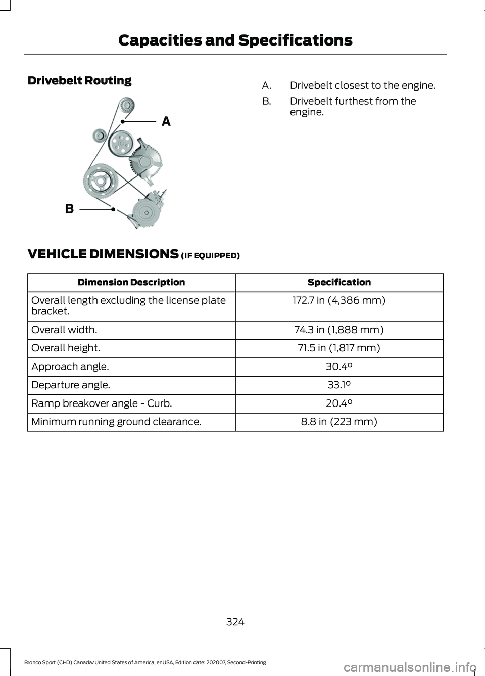 FORD BRONCO SPORT 2021  Owners Manual Drivebelt Routing
Drivebelt closest to the engine.
A.
Drivebelt furthest from the
engine.
B.
VEHICLE DIMENSIONS (IF EQUIPPED) Specification
Dimension Description
172.7 in (4,386 mm)
Overall length exc