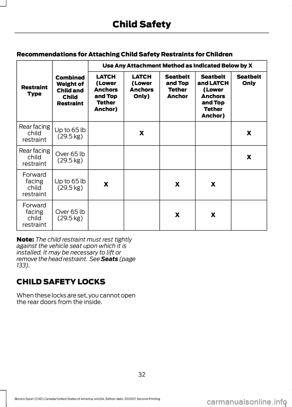 FORD BRONCO SPORT 2021  Owners Manual Recommendations for Attaching Child Safety Restraints for Children
Use Any Attachment Method as Indicated Below by X
Combined Weight ofChild and Child
Restraint
Restraint
Type Seatbelt
Only
Seatbelt
a