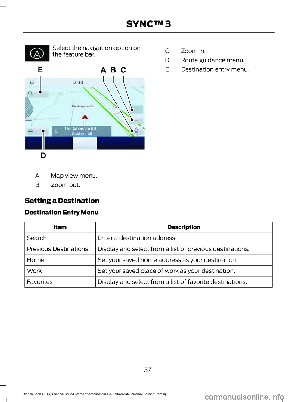 FORD BRONCO SPORT 2021  Owners Manual Select the navigation option on
the feature bar.
Map view menu.
A
Zoom out.
B Zoom in.
C
Route guidance menu.
D
Destination entry menu.
E
Setting a Destination
Destination Entry Menu Description
Item
