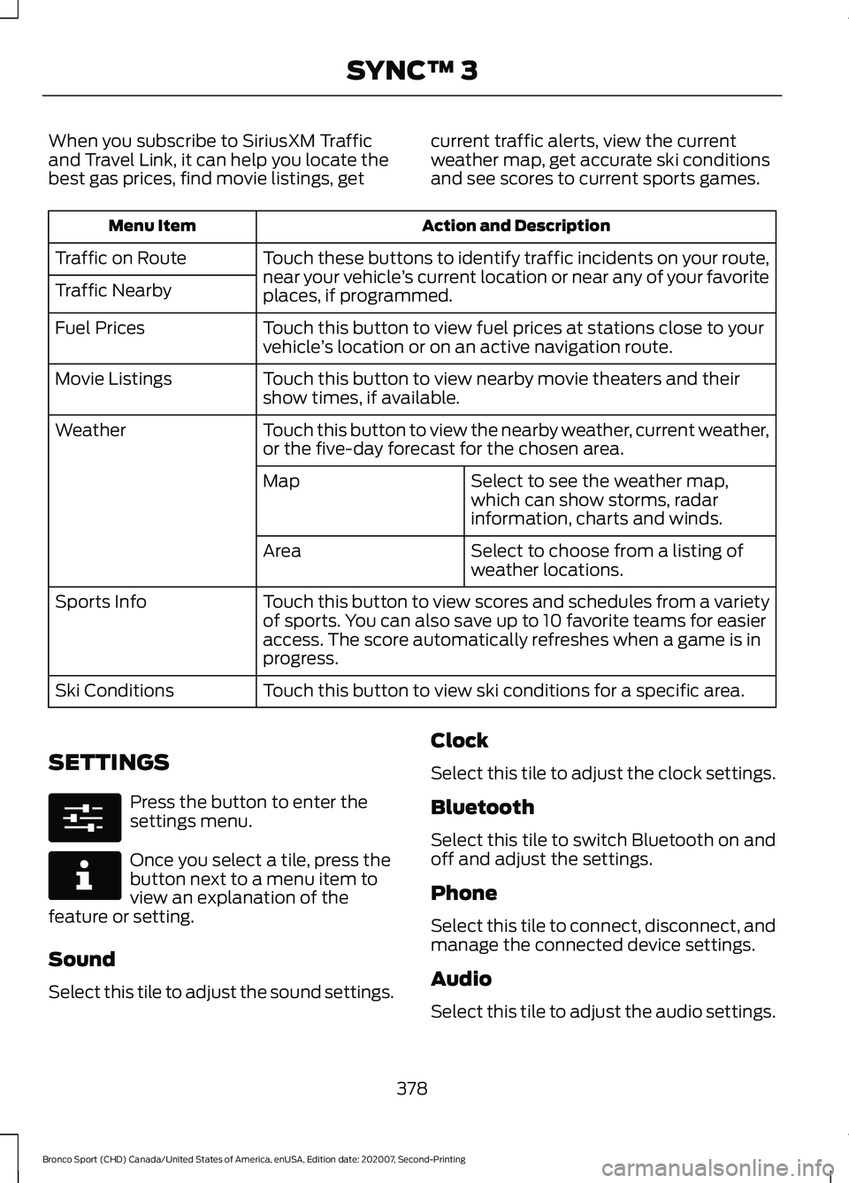 FORD BRONCO SPORT 2021  Owners Manual When you subscribe to SiriusXM Traffic
and Travel Link, it can help you locate the
best gas prices, find movie listings, get
current traffic alerts, view the current
weather map, get accurate ski cond