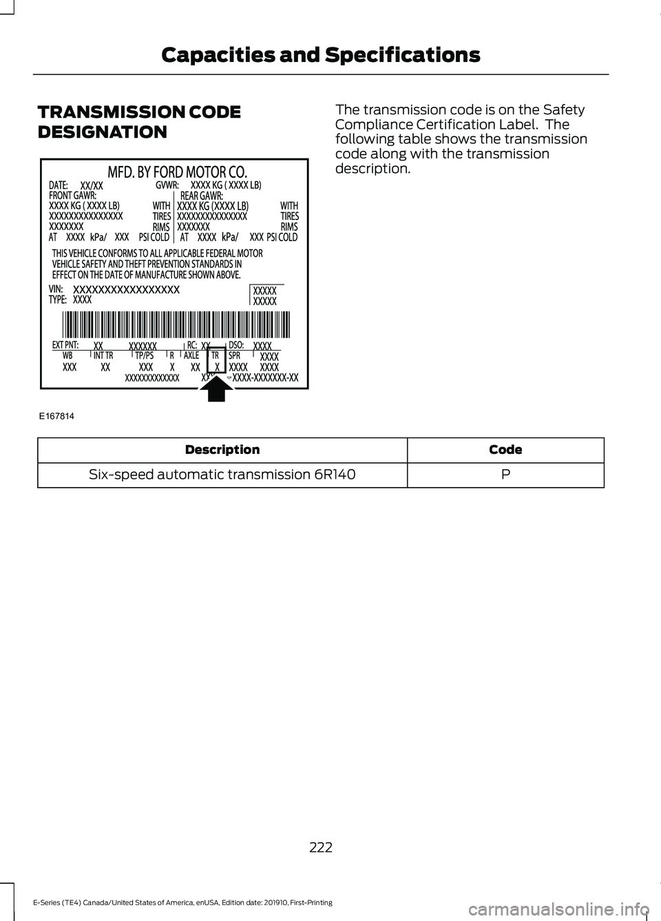 FORD E-450 2021  Owners Manual TRANSMISSION CODE
DESIGNATION The transmission code is on the Safety
Compliance Certification Label.  The
following table shows the transmission
code along with the transmission
description.
Code
Desc