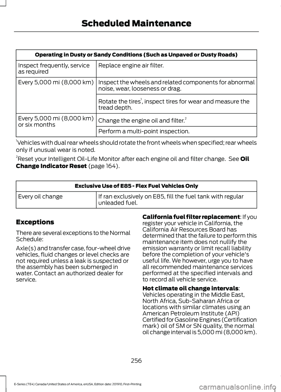 FORD E-450 2021  Owners Manual Operating in Dusty or Sandy Conditions (Such as Unpaved or Dusty Roads)
Replace engine air filter.
Inspect frequently, service
as required
Inspect the wheels and related components for abnormal
noise,