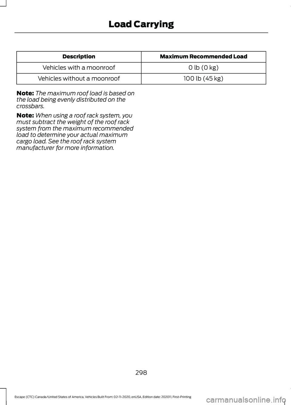 FORD ESCAPE 2021  Owners Manual Maximum Recommended Load
Description
0 lb (0 kg)
Vehicles with a moonroof
100 lb (45 kg)
Vehicles without a moonroof
Note: The maximum roof load is based on
the load being evenly distributed on the
cr