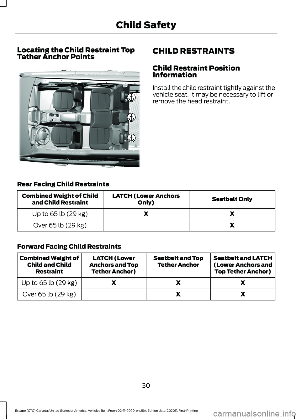 FORD ESCAPE 2021  Owners Manual Locating the Child Restraint Top
Tether Anchor Points
CHILD RESTRAINTS
Child Restraint Position
Information
Install the child restraint tightly against the
vehicle seat. It may be necessary to lift or