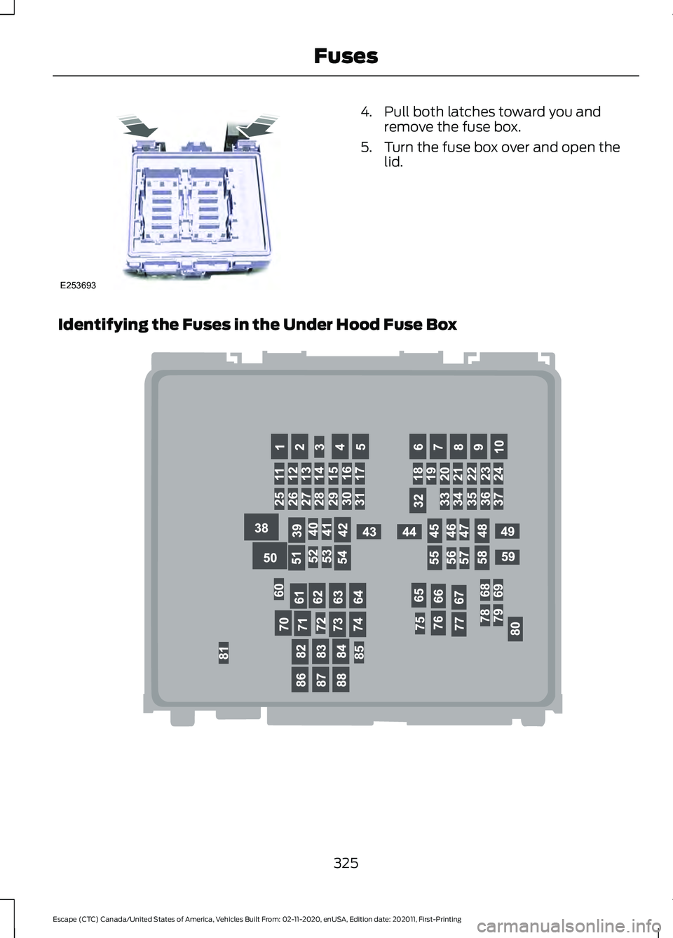 FORD ESCAPE 2021  Owners Manual 4. Pull both latches toward you and
remove the fuse box.
5. Turn the fuse box over and open the lid.
Identifying the Fuses in the Under Hood Fuse Box 325
Escape (CTC) Canada/United States of America, 