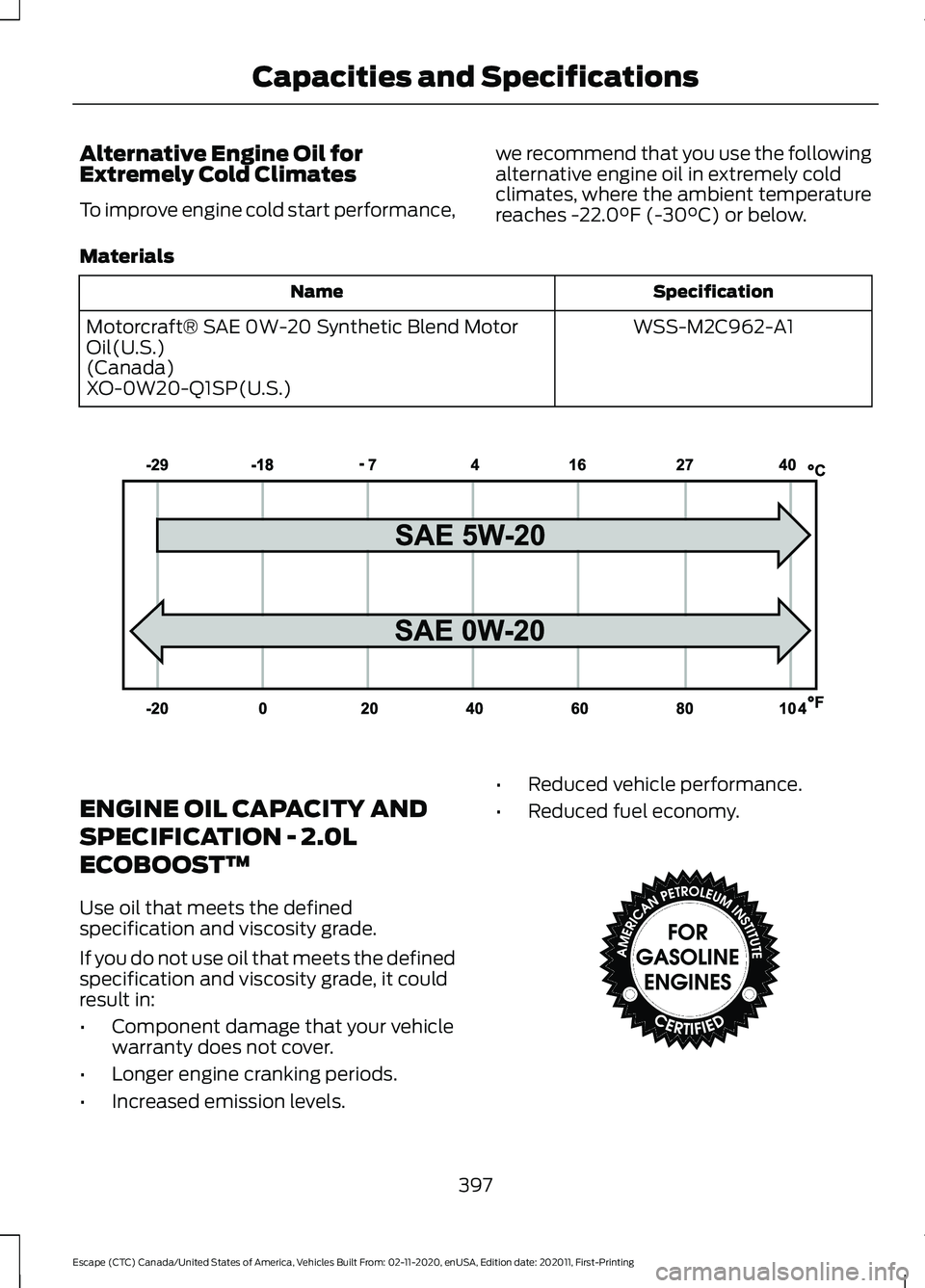 FORD ESCAPE 2021  Owners Manual Alternative Engine Oil for
Extremely Cold Climates
To improve engine cold start performance,
we recommend that you use the following
alternative engine oil in extremely cold
climates, where the ambien
