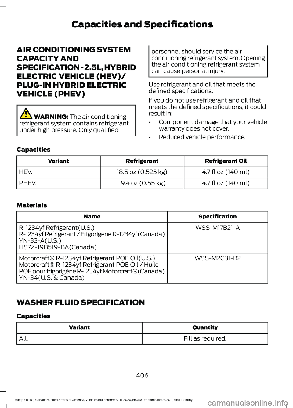 FORD ESCAPE 2021 Owners Manual AIR CONDITIONING SYSTEM
CAPACITY AND
SPECIFICATION - 2.5L, HYBRID
ELECTRIC VEHICLE (HEV)/
PLUG-IN HYBRID ELECTRIC
VEHICLE (PHEV)
WARNING: The air conditioning
refrigerant system contains refrigerant
u FORD ESCAPE 2021 Owners Manual AIR CONDITIONING SYSTEM
CAPACITY AND
SPECIFICATION - 2.5L, HYBRID
ELECTRIC VEHICLE (HEV)/
PLUG-IN HYBRID ELECTRIC
VEHICLE (PHEV)
WARNING: The air conditioning
refrigerant system contains refrigerant
u