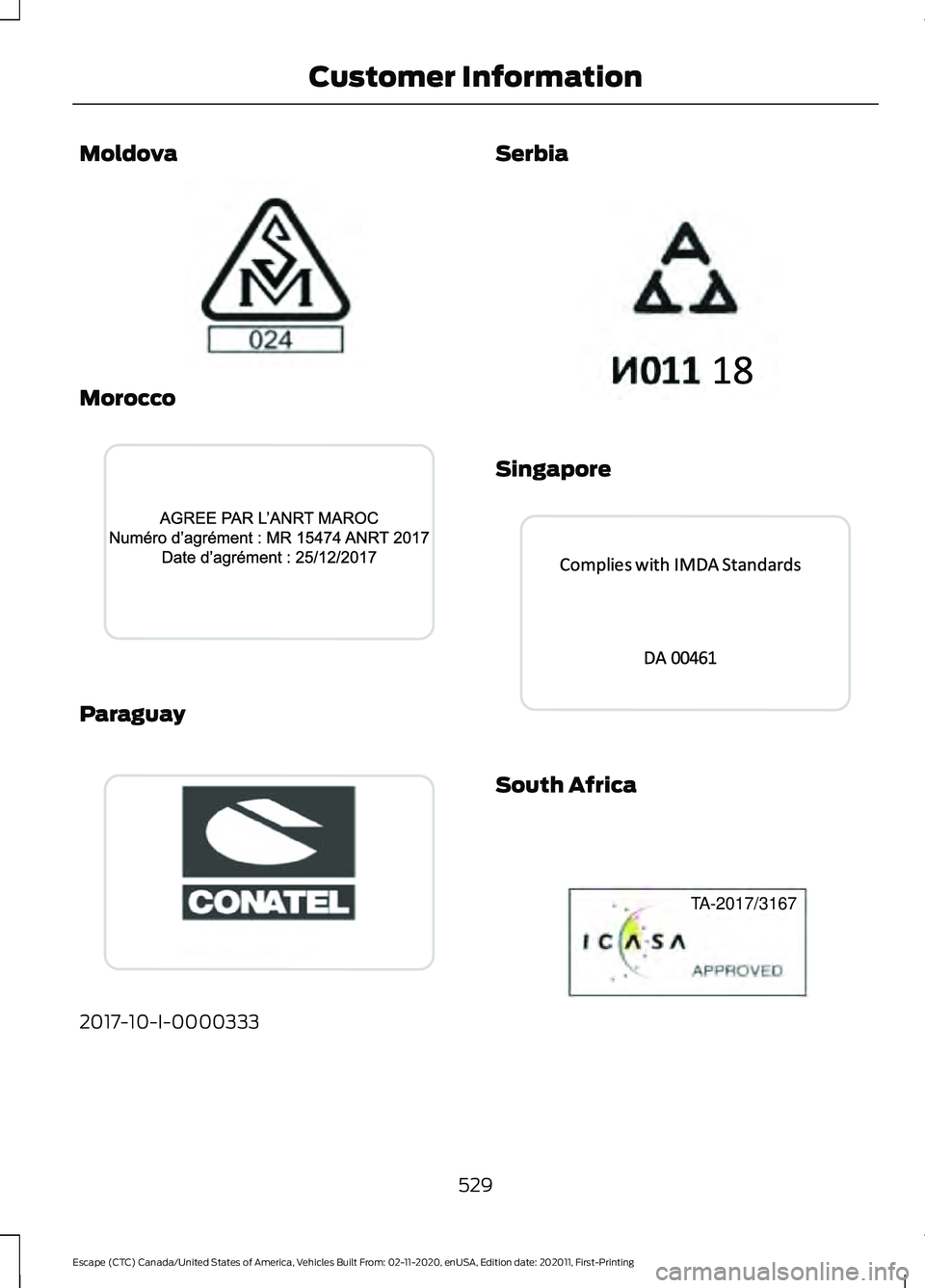 FORD ESCAPE 2021  Owners Manual Moldova
Morocco
Paraguay
2017-10-I-0000333 Serbia
Singapore
South Africa
529
Escape (CTC) Canada/United States of America, Vehicles Built From: 02-11-2020, enUSA, Edition date: 202011, First-Printing 