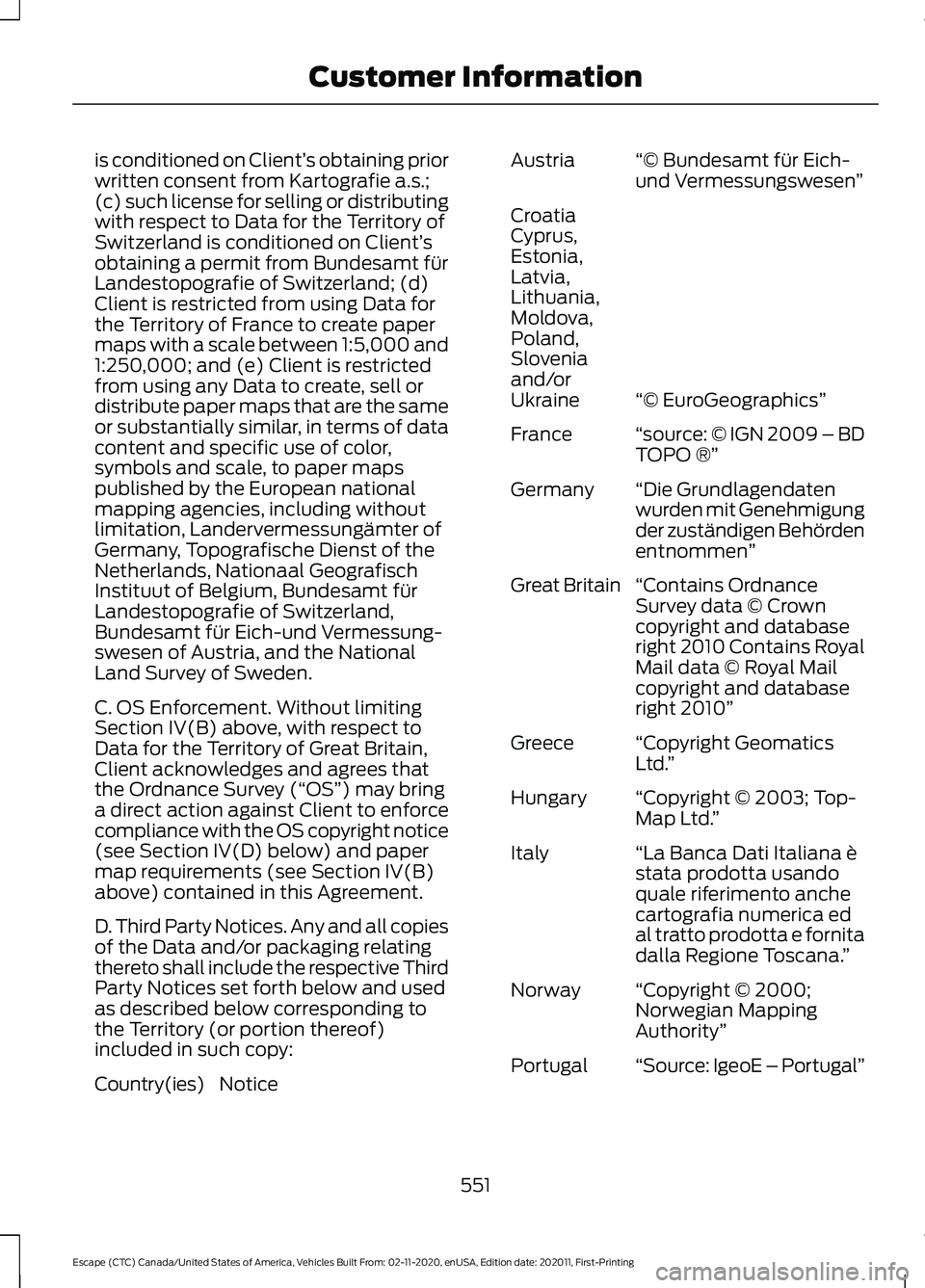 FORD ESCAPE 2021 Owners Manual is conditioned on Client’
s obtaining prior
written consent from Kartografie a.s.;
(c) such license for selling or distributing
with respect to Data for the Territory of
Switzerland is conditioned o FORD ESCAPE 2021 Owners Manual is conditioned on Client’
s obtaining prior
written consent from Kartografie a.s.;
(c) such license for selling or distributing
with respect to Data for the Territory of
Switzerland is conditioned o