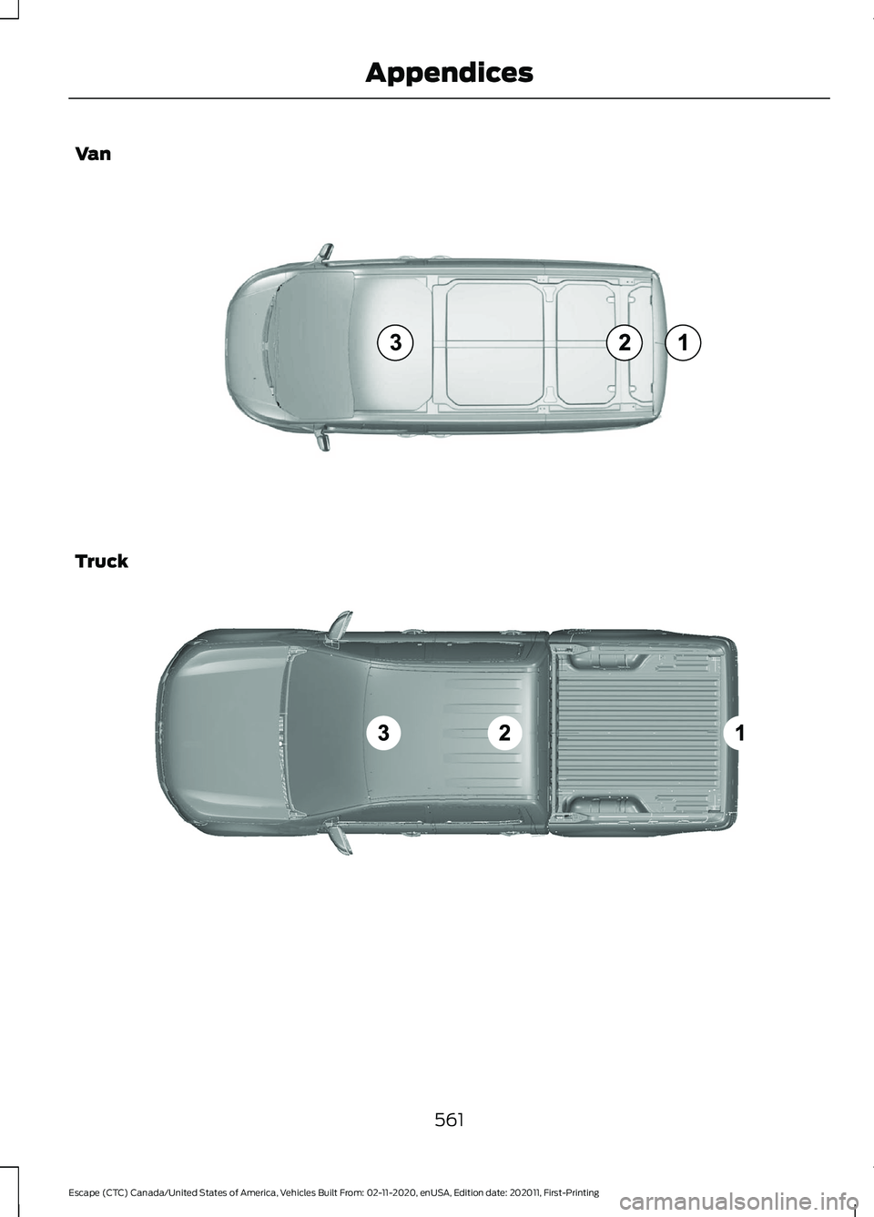 FORD ESCAPE 2021  Owners Manual Van
Truck
561
Escape (CTC) Canada/United States of America, Vehicles Built From: 02-11-2020, enUSA, Edition date: 202011, First-Printing AppendicesE239122   E239121   