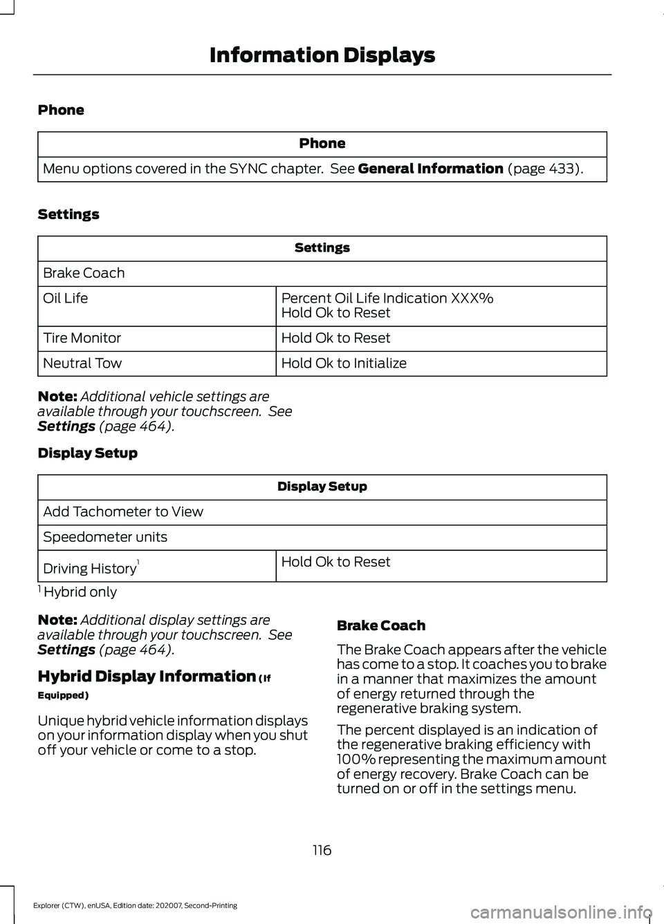 FORD EXPLORER 2021  Owners Manual Phone
Phone
Menu options covered in the SYNC chapter.  See General Information (page 433).
Settings Settings
Brake Coach Percent Oil Life Indication XXX%
Hold Ok to Reset
Oil Life
Hold Ok to Reset
Tir
