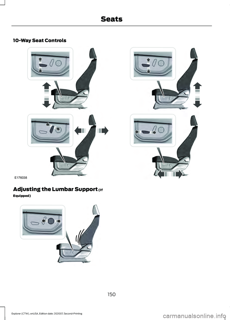FORD EXPLORER 2021  Owners Manual 10-Way Seat Controls
Adjusting the Lumbar Support (If
Equipped) 150
Explorer (CTW), enUSA, Edition date: 202007, Second-Printing SeatsE176038 E176039   