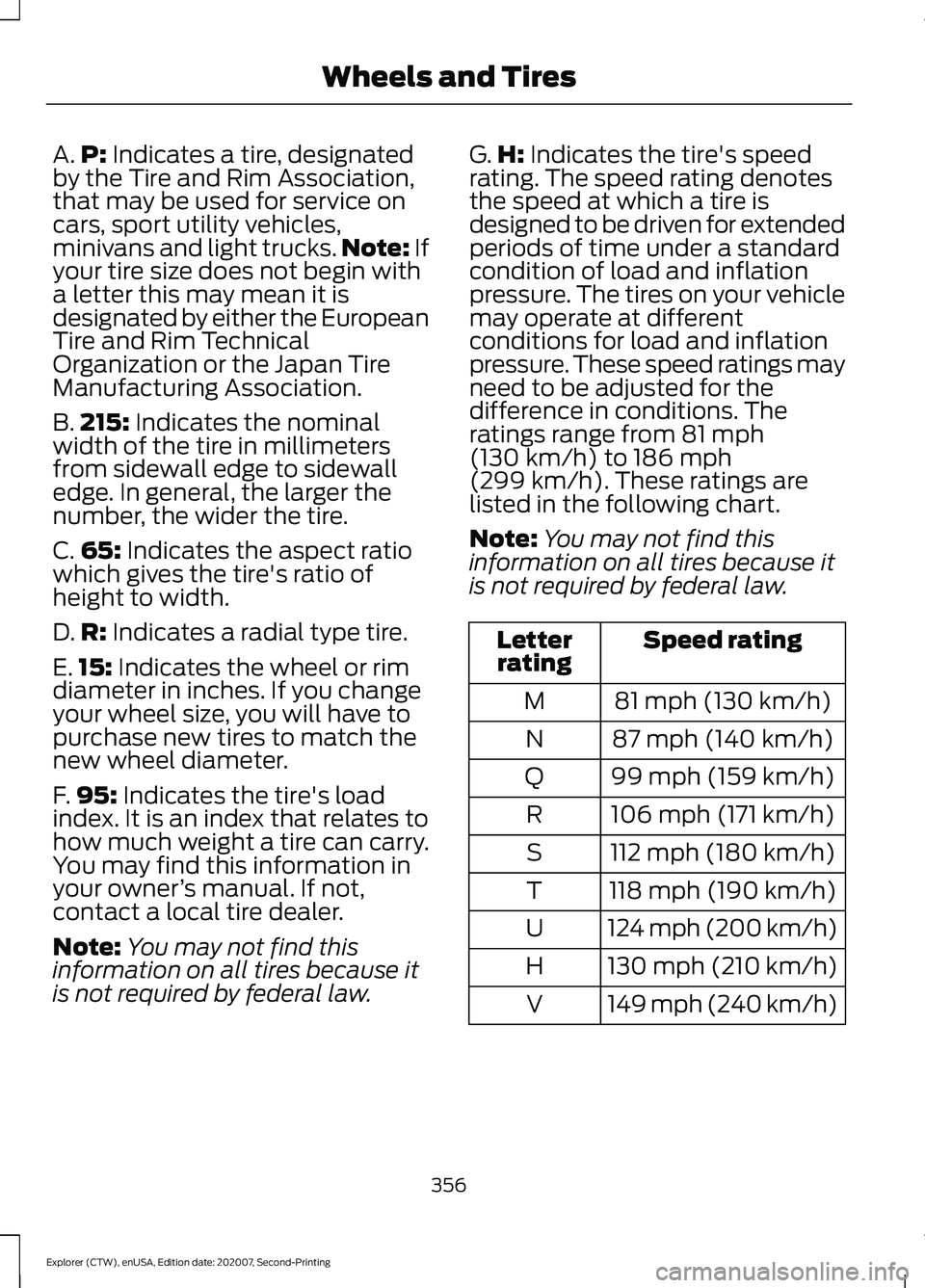 FORD EXPLORER 2021  Owners Manual A.
P: Indicates a tire, designated
by the Tire and Rim Association,
that may be used for service on
cars, sport utility vehicles,
minivans and light trucks. Note:
 If
your tire size does not begin wit