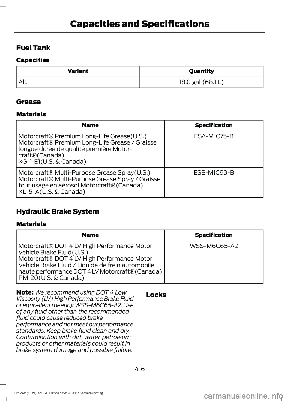 FORD EXPLORER 2021  Owners Manual Fuel Tank
Capacities
Quantity
Variant
18.0 gal (68.1 L)
All.
Grease
Materials Specification
Name
ESA-M1C75-B
Motorcraft® Premium Long-Life Grease(U.S.)
Motorcraft® Premium Long-Life Grease / Graisse