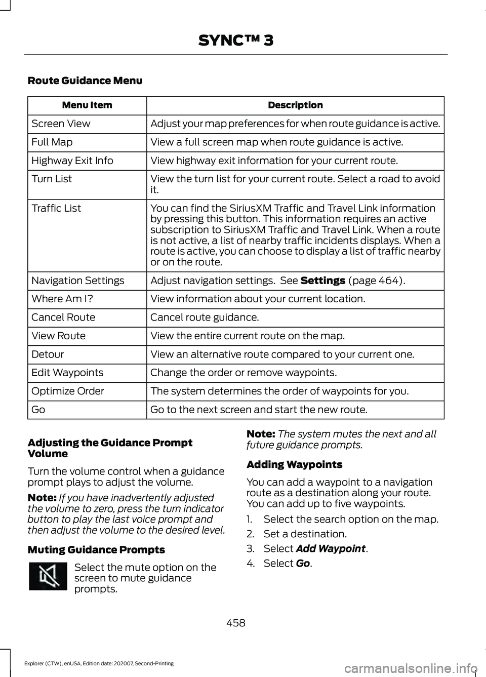 FORD EXPLORER 2021  Owners Manual Route Guidance Menu
Description
Menu Item
Adjust your map preferences for when route guidance is active.
Screen View
View a full screen map when route guidance is active.
Full Map
View highway exit in
