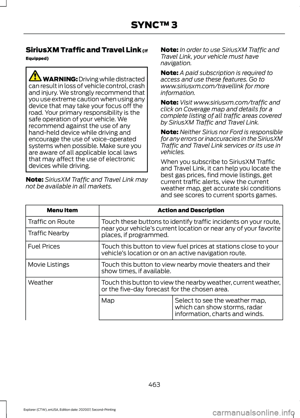 FORD EXPLORER 2021  Owners Manual SiriusXM Traffic and Travel Link (If
Equipped)
WARNING: Driving while distracted
can result in loss of vehicle control, crash
and injury. We strongly recommend that
you use extreme caution when using 