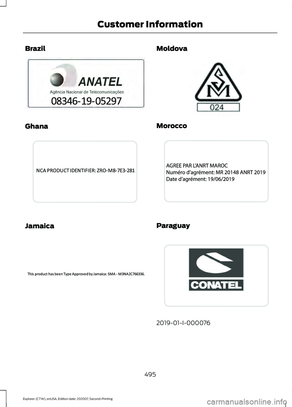 FORD EXPLORER 2021  Owners Manual Brazil
Ghana
Jamaica Moldova
Morocco
Paraguay
2019-01-I-000076
495
Explorer (CTW), enUSA, Edition date: 202007, Second-Printing Customer InformationE340499  E341433  E340500  E337971  E340501  E339812