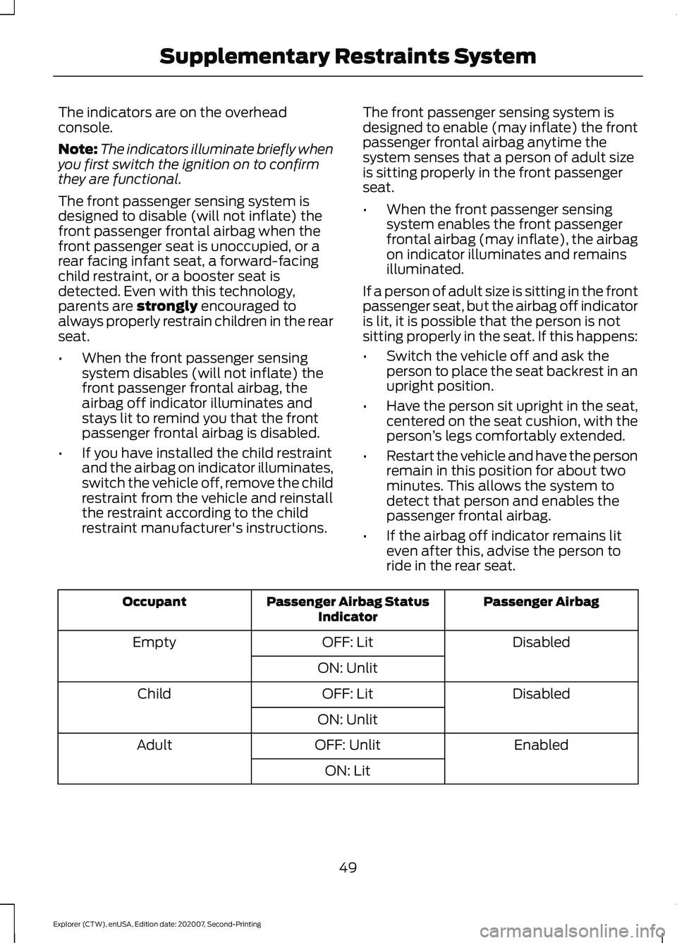 FORD EXPLORER 2021  Owners Manual The indicators are on the overhead
console.
Note:
The indicators illuminate briefly when
you first switch the ignition on to confirm
they are functional.
The front passenger sensing system is
designed