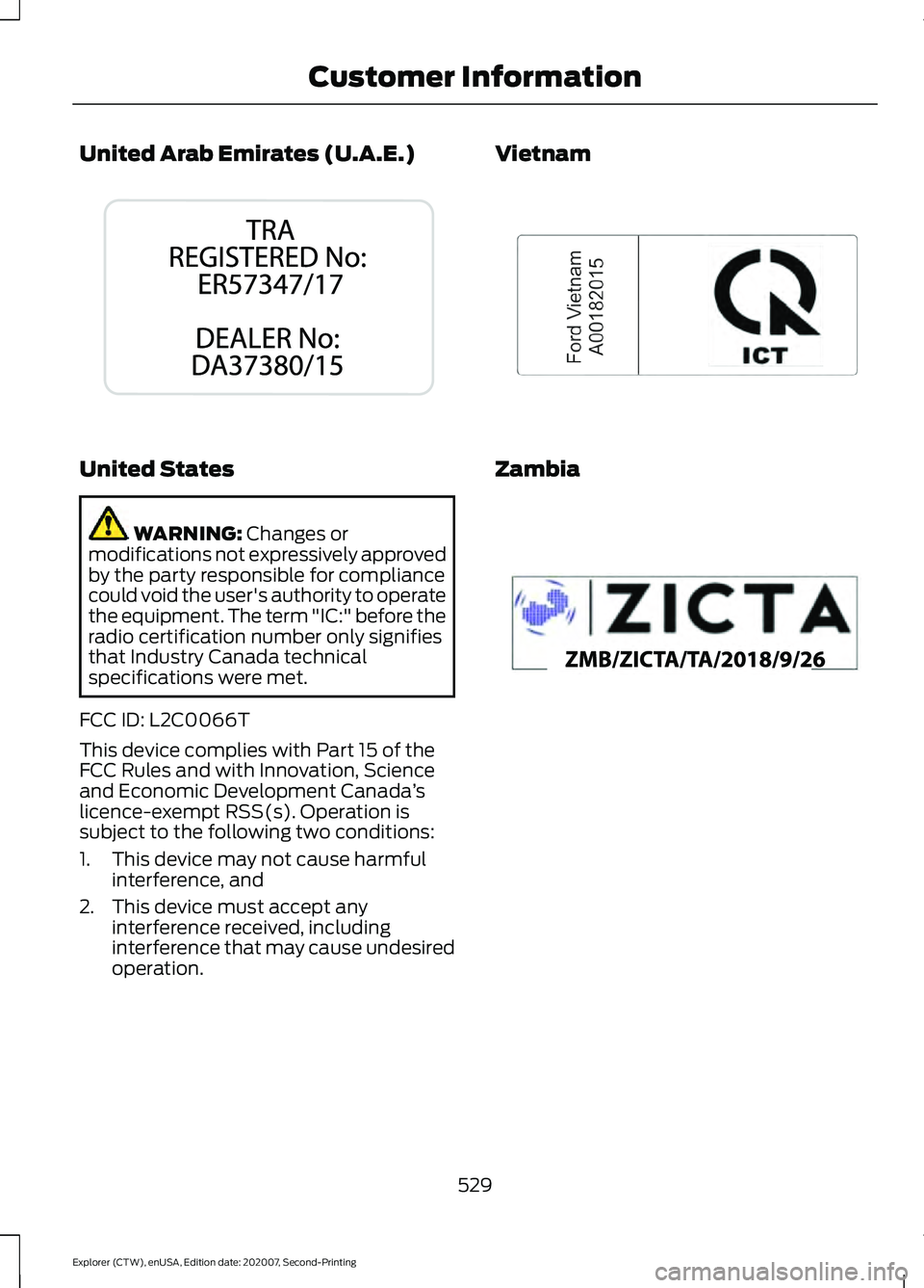 FORD EXPLORER 2021  Owners Manual United Arab Emirates (U.A.E.)
United States
WARNING: Changes or
modifications not expressively approved
by the party responsible for compliance
could void the user's authority to operate
the equip