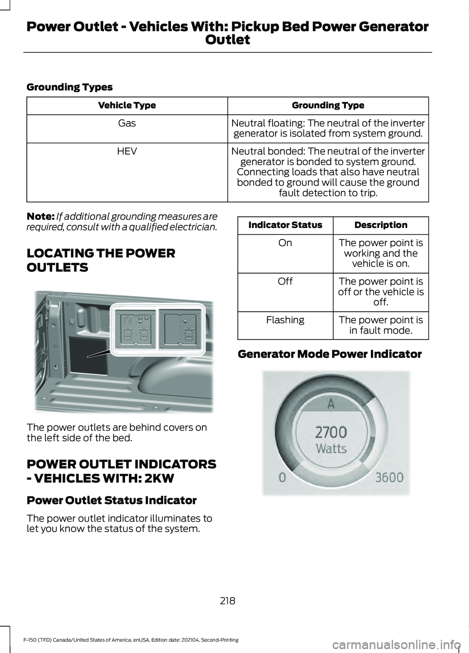 FORD F-150 2021  Owners Manual Grounding Types
Grounding Type
Vehicle Type
Neutral floating: The neutral of the invertergenerator is isolated from system ground.
Gas
Neutral bonded: The neutral of the invertergenerator is bonded to