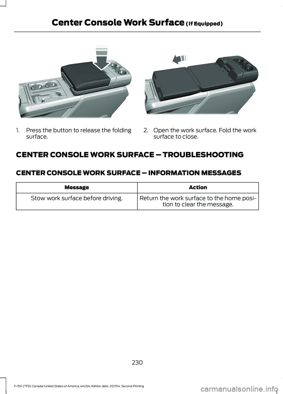 FORD F-150 2021  Owners Manual 1.
Press the button to release the folding
surface. 2. Open the work surface. Fold the work
surface to close.
CENTER CONSOLE WORK SURFACE – TROUBLESHOOTING
CENTER CONSOLE WORK SURFACE – INFORMATIO