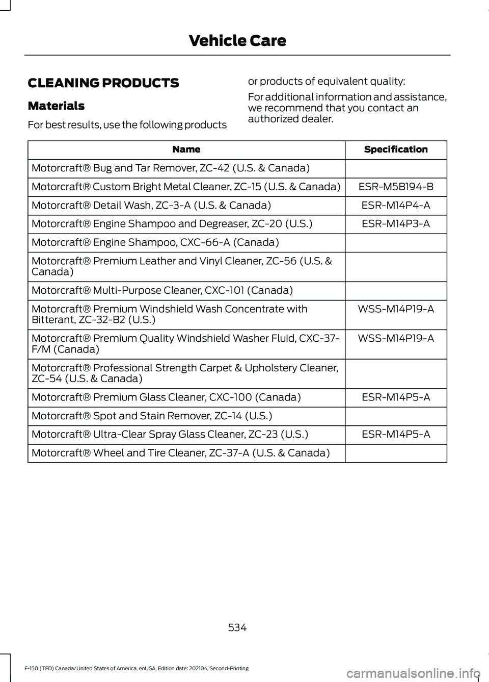 FORD F-150 2021  Owners Manual CLEANING PRODUCTS
Materials
For best results, use the following products
or products of equivalent quality:
For additional information and assistance,
we recommend that you contact an
authorized deale