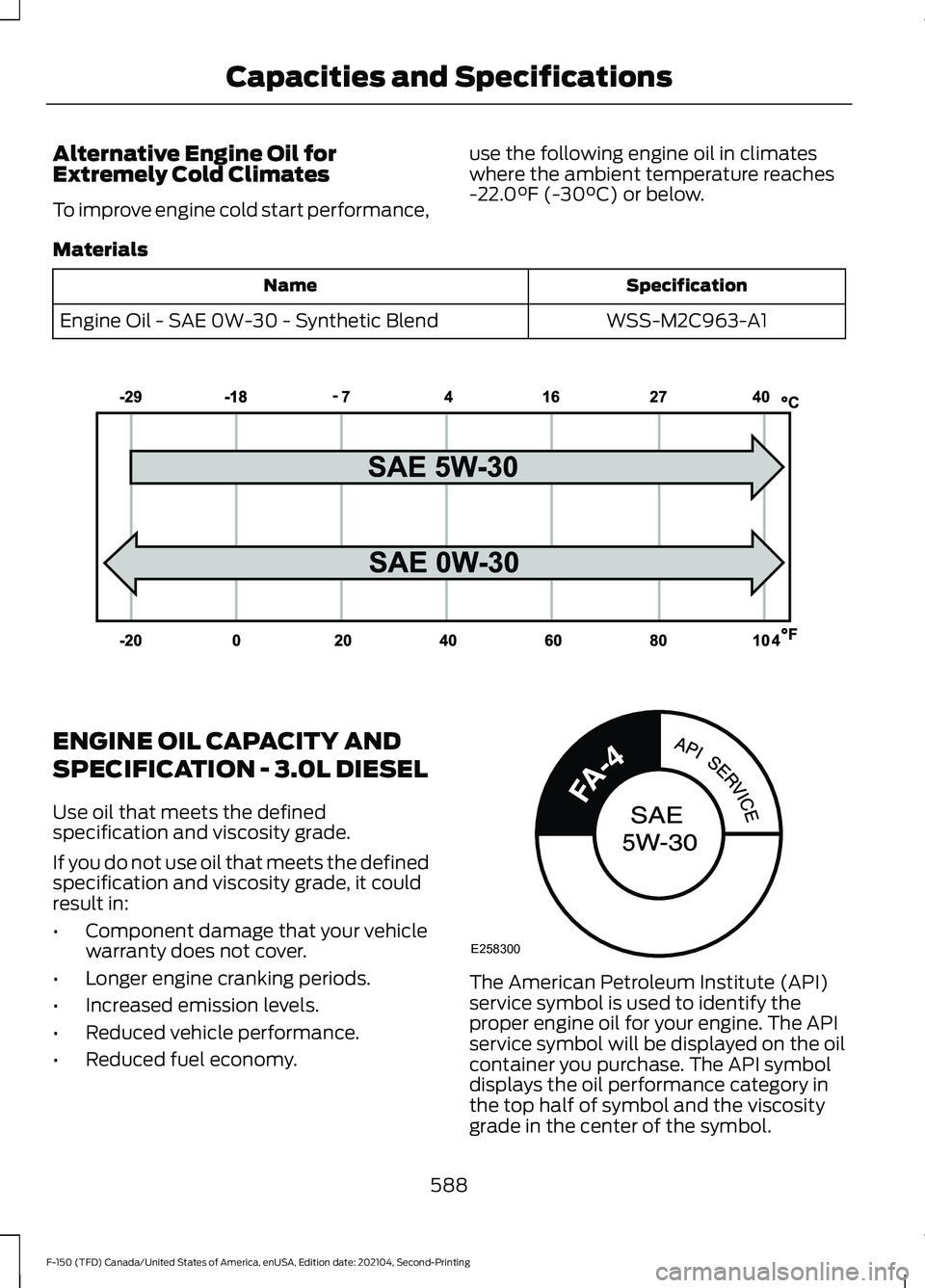 FORD F-150 2021  Owners Manual Alternative Engine Oil for
Extremely Cold Climates
To improve engine cold start performance,
use the following engine oil in climates
where the ambient temperature reaches
-22.0°F (-30°C) or below.
