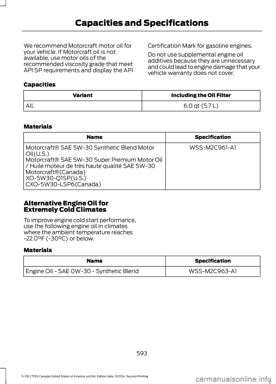FORD F-150 2021  Owners Manual We recommend Motorcraft motor oil for
your vehicle. If Motorcraft oil is not
available, use motor oils of the
recommended viscosity grade that meet
API SP requirements and display the API
Certificatio
