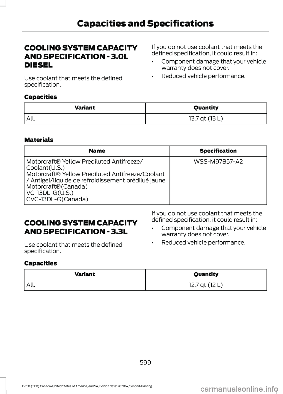 FORD F-150 2021  Owners Manual COOLING SYSTEM CAPACITY
AND SPECIFICATION - 3.0L
DIESEL
Use coolant that meets the defined
specification.
If you do not use coolant that meets the
defined specification, it could result in:
•
Compon