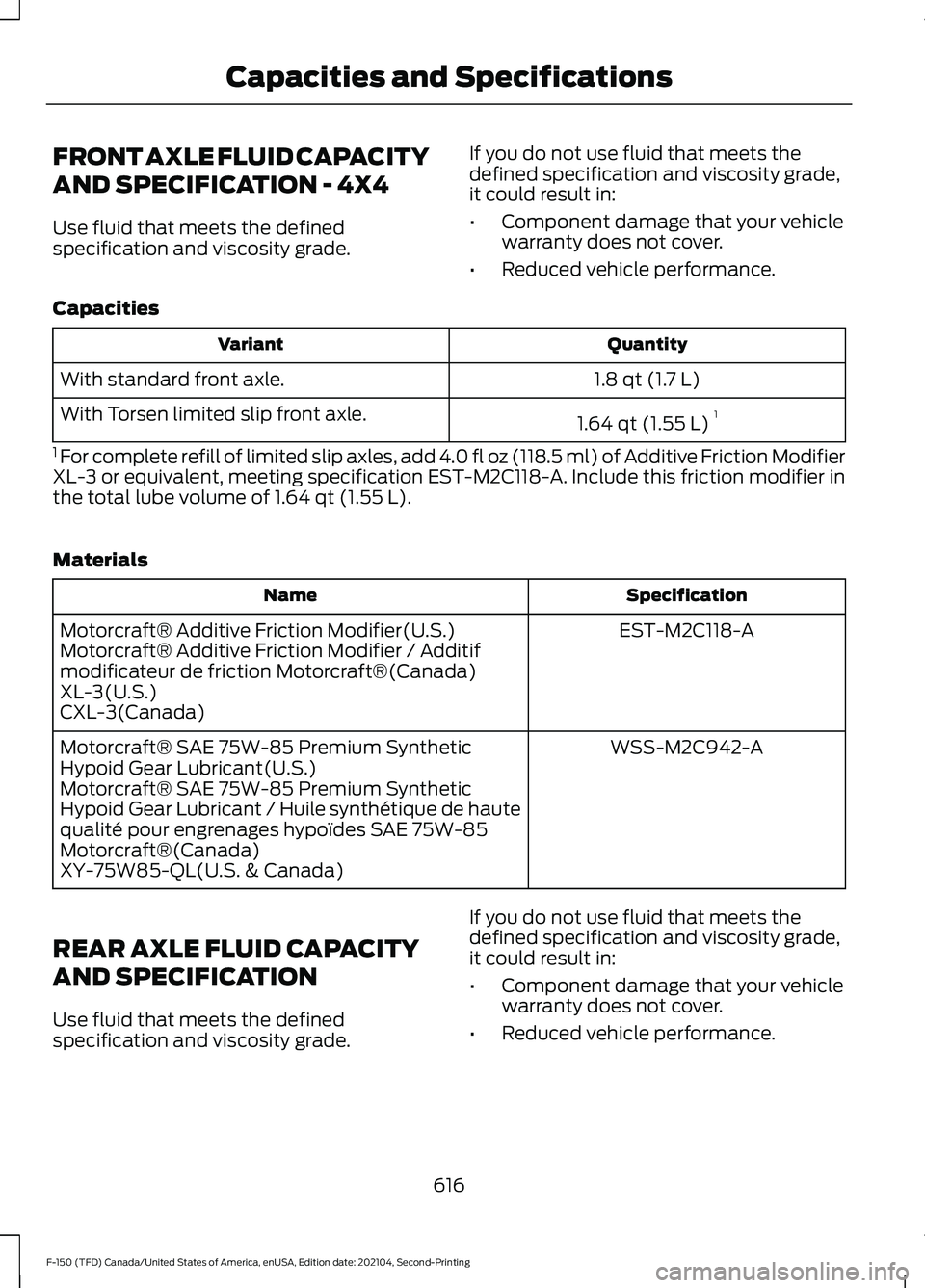 FORD F-150 2021  Owners Manual FRONT AXLE FLUID CAPACITY
AND SPECIFICATION - 4X4
Use fluid that meets the defined
specification and viscosity grade.
If you do not use fluid that meets the
defined specification and viscosity grade,
