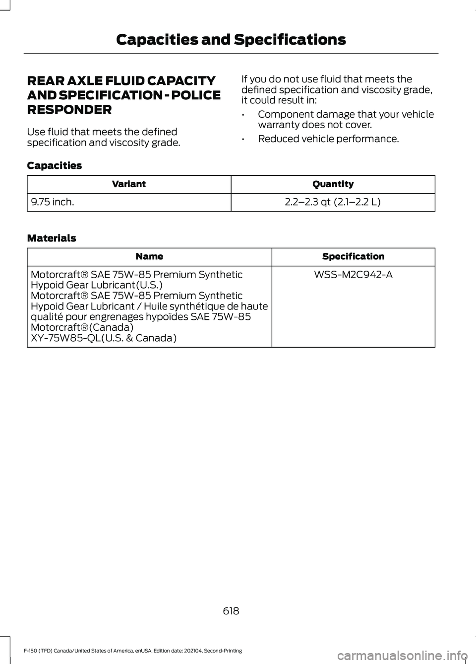 FORD F-150 2021  Owners Manual REAR AXLE FLUID CAPACITY
AND SPECIFICATION - POLICE
RESPONDER
Use fluid that meets the defined
specification and viscosity grade.
If you do not use fluid that meets the
defined specification and visco