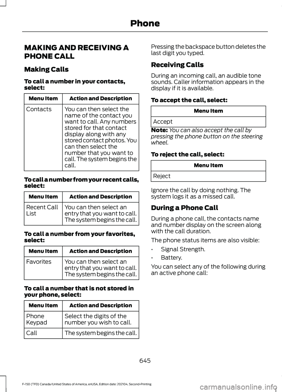 FORD F-150 2021  Owners Manual MAKING AND RECEIVING A
PHONE CALL
Making Calls
To call a number in your contacts,
select:
Action and Description
Menu Item
You can then select the
name of the contact you
want to call. Any numbers
sto