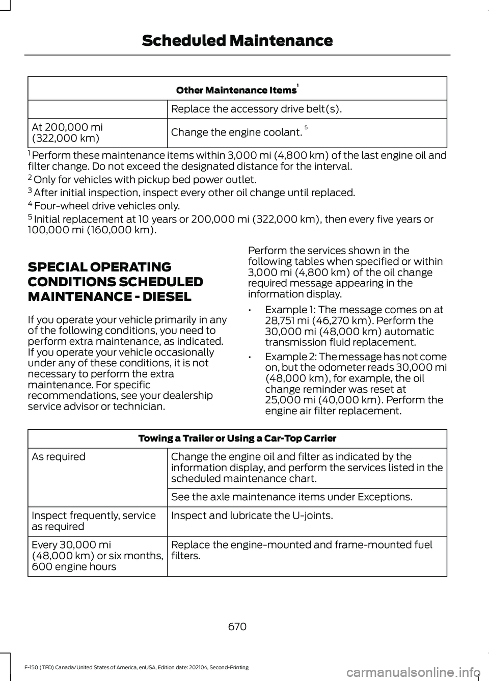 FORD F-150 2021  Owners Manual Other Maintenance Items
1
Replace the accessory drive belt(s).
Change the engine coolant. 5
At 200,000 mi
(322,000 km)
1  Perform these maintenance items within 
3,000 mi (4,800 km) of the last engine