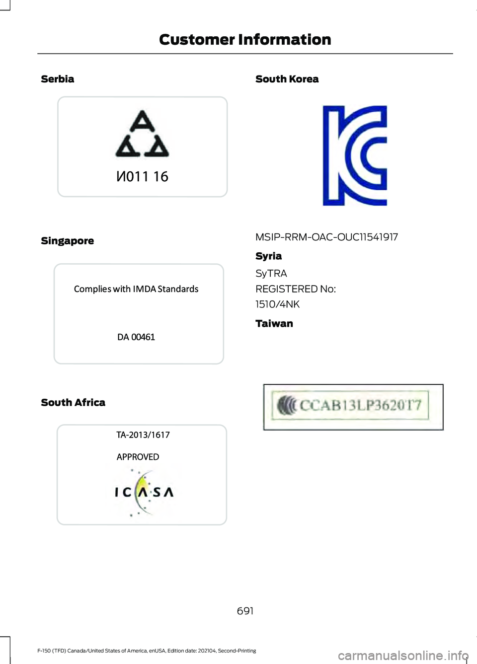 FORD F-150 2021  Owners Manual Serbia
Singapore
South Africa South Korea
MSIP-RRM-OAC-OUC11541917
Syria
SyTRA
REGISTERED No:
1510/4NK
Taiwan
691
F-150 (TFD) Canada/United States of America, enUSA, Edition date: 202104, Second-Print