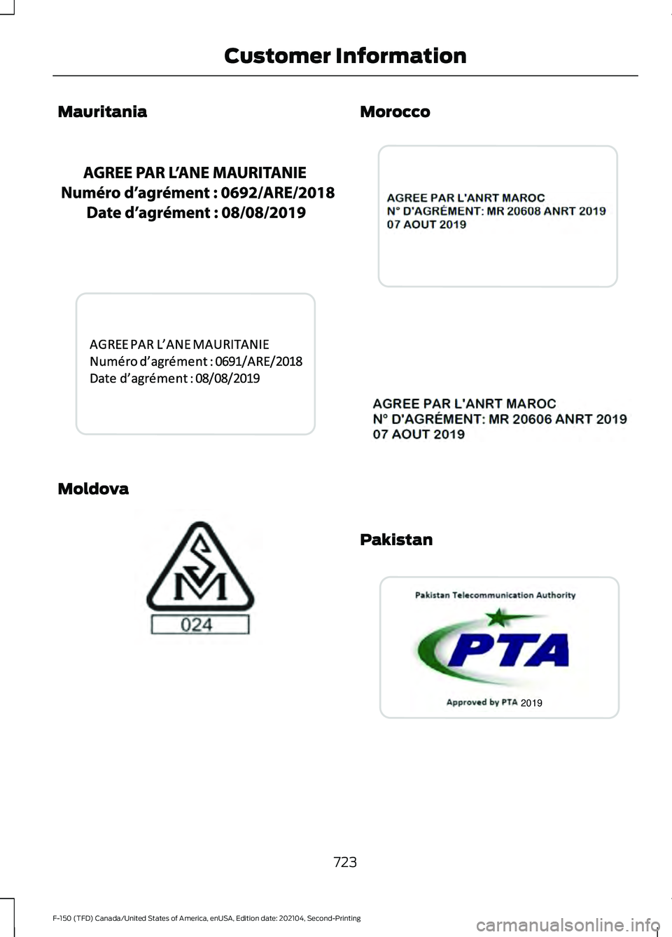 FORD F-150 2021  Owners Manual Mauritania
Moldova Morocco
Pakistan
723
F-150 (TFD) Canada/United States of America, enUSA, Edition date: 202104, Second-Printing Customer InformationE342401  E342513  E337971  E338085  E338205  2019E