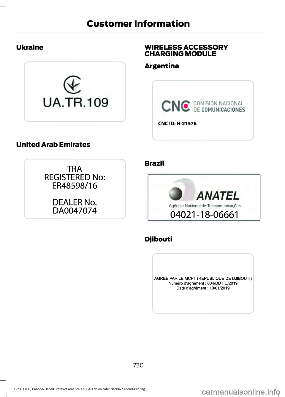 FORD F-150 2021  Owners Manual Ukraine
United Arab Emirates WIRELESS ACCESSORY
CHARGING MODULE
Argentina
Brazil
Djibouti
730
F-150 (TFD) Canada/United States of America, enUSA, Edition date: 202104, Second-Printing Customer Informa