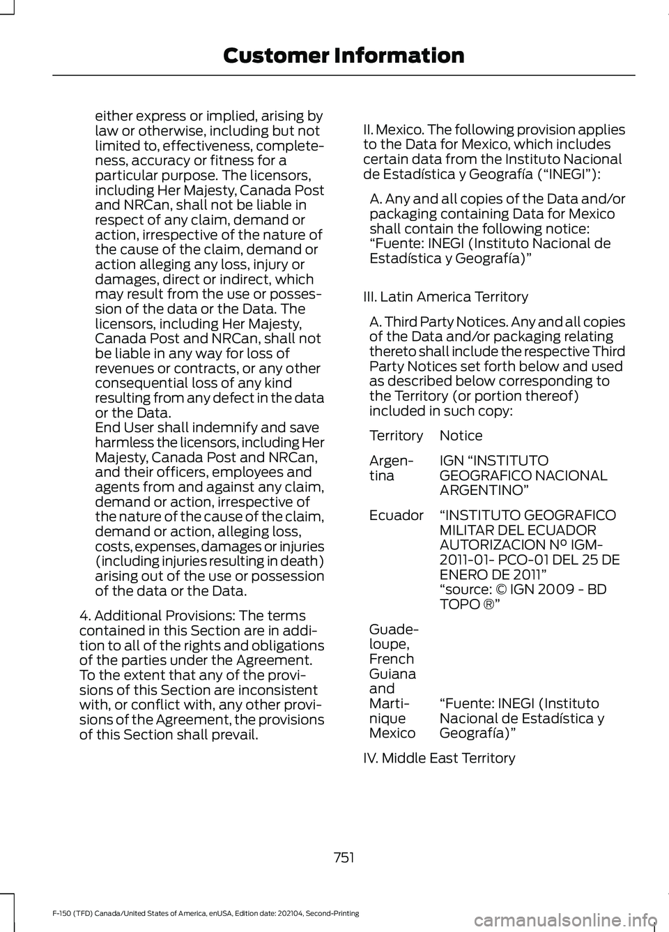 FORD F-150 2021  Owners Manual either express or implied, arising by
law or otherwise, including but not
limited to, effectiveness, complete-
ness, accuracy or fitness for a
particular purpose. The licensors,
including Her Majesty,