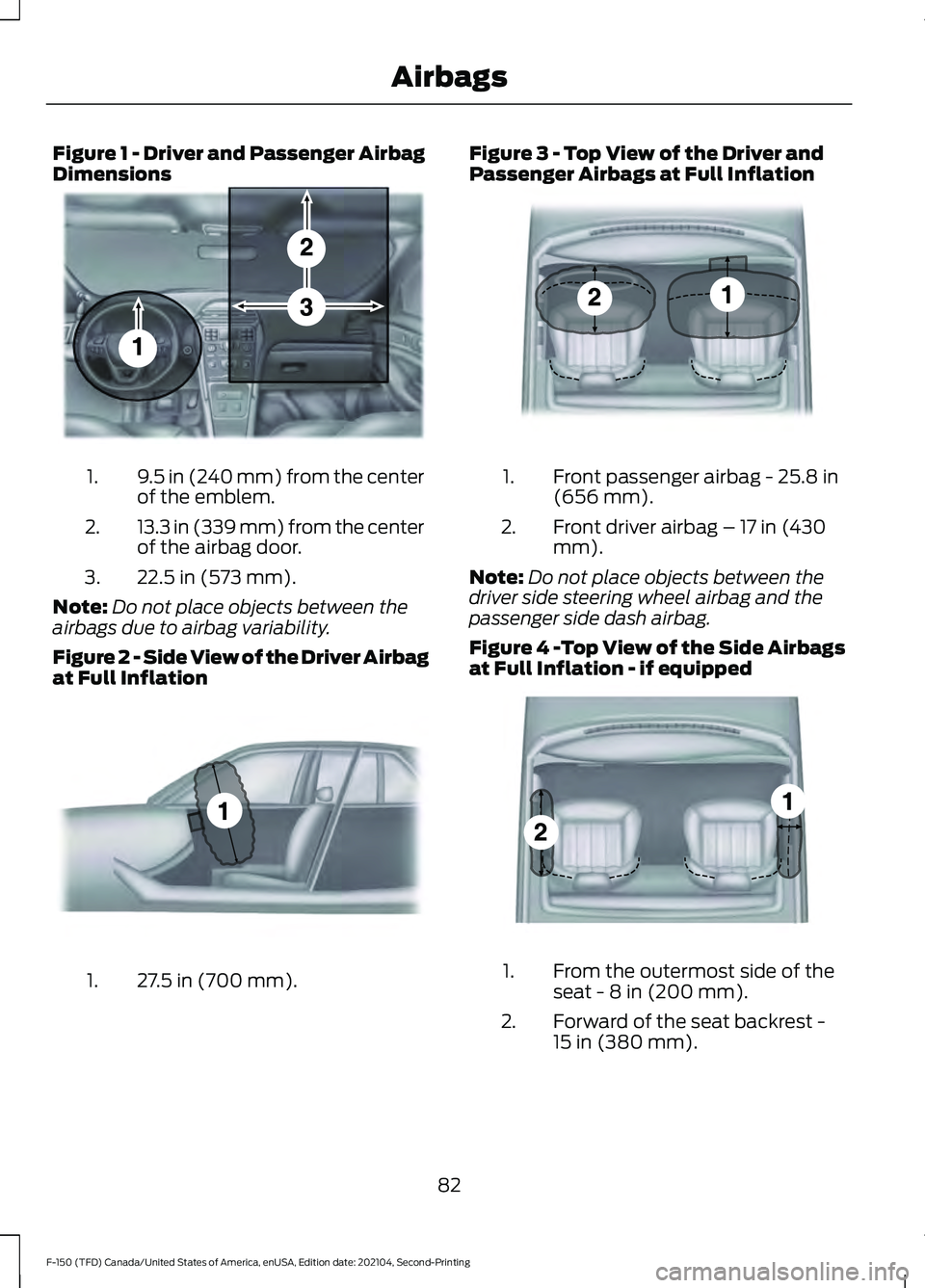 FORD F-150 2021  Owners Manual Figure 1 - Driver and Passenger Airbag
Dimensions
9.5 in (240 mm) from the center
of the emblem.
1.
13.3 in (339 mm) from the center
of the airbag door.
2.
22.5 in (573 mm).
3.
Note: Do not place obje