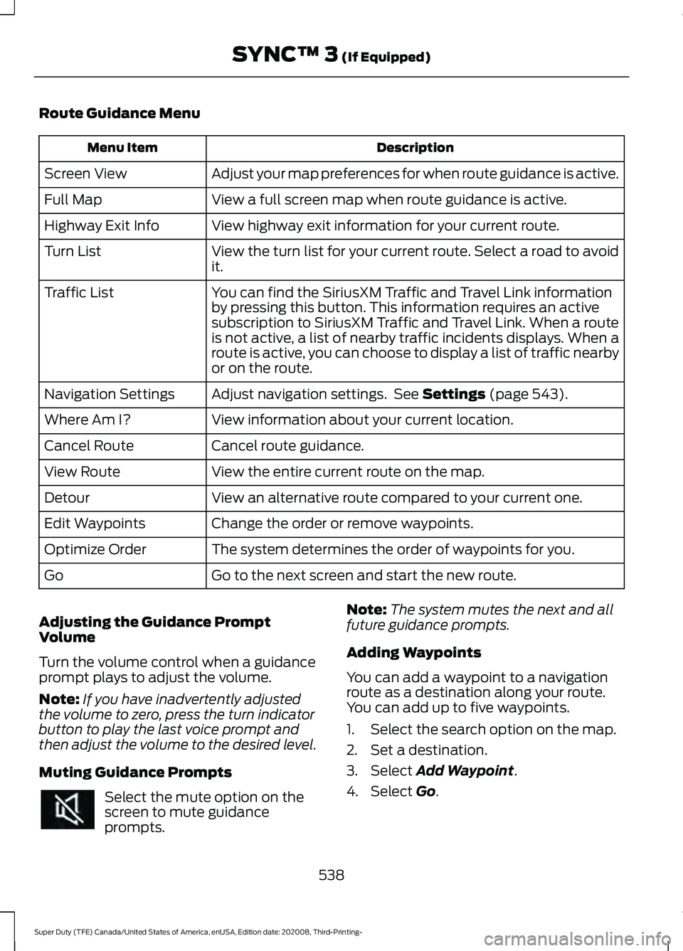 FORD F-250 2021  Owners Manual Route Guidance Menu
Description
Menu Item
Adjust your map preferences for when route guidance is active.
Screen View
View a full screen map when route guidance is active.
Full Map
View highway exit in