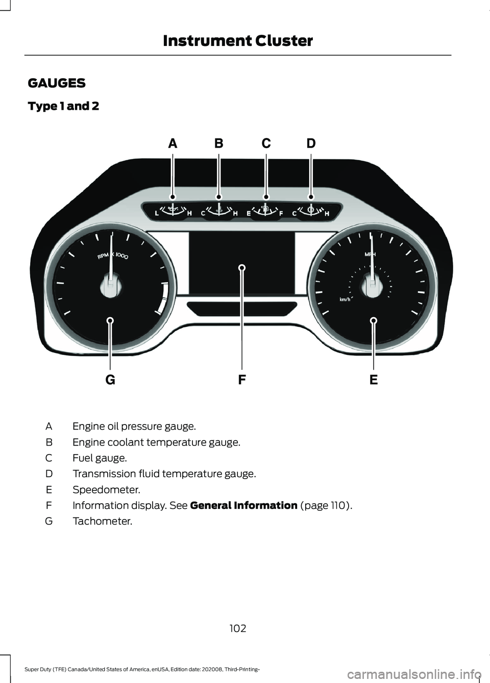 FORD F-350 2021  Owners Manual GAUGES
Type 1 and 2
Engine oil pressure gauge.
A
Engine coolant temperature gauge.
B
Fuel gauge.
C
Transmission fluid temperature gauge.
D
Speedometer.
E
Information display. See General Information (