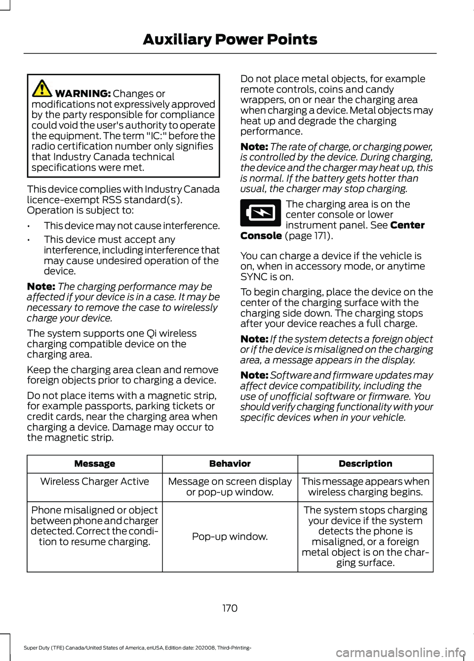 FORD F-350 2021  Owners Manual WARNING: Changes or
modifications not expressively approved
by the party responsible for compliance
could void the user's authority to operate
the equipment. The term "IC:" before the
radi