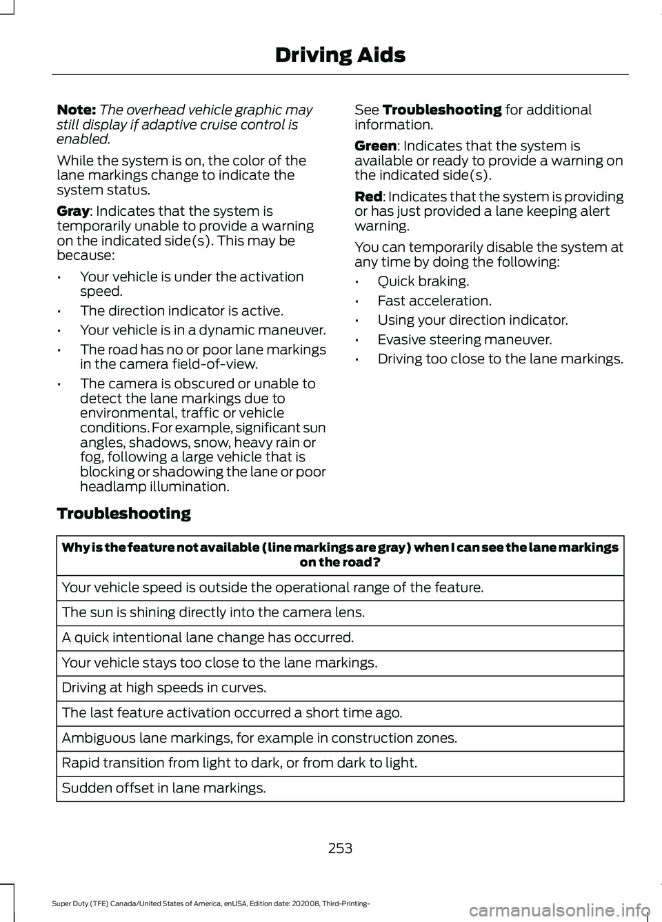 FORD F-350 2021  Owners Manual Note:
The overhead vehicle graphic may
still display if adaptive cruise control is
enabled.
While the system is on, the color of the
lane markings change to indicate the
system status.
Gray: Indicates